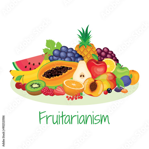 Fruitarianism diet food icon set vector. Fruits and berries illustration. Pile of healthy fresh food drawing. Fruitarian food icon set on a white background. Big pile of various fruits vector