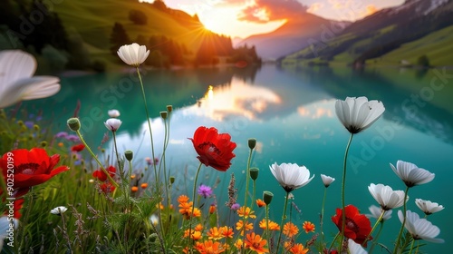 Springtime Serenity: Vibrant Wildflowers by a Clear Mountain Lake at Sunset