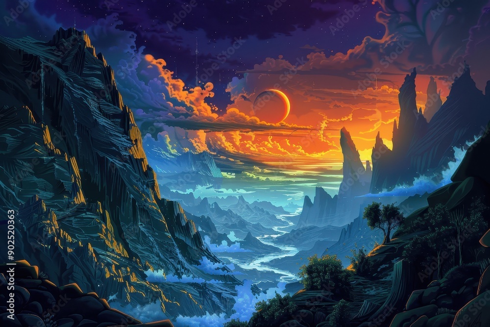 Obraz premium Mystical landscape with vibrant sunset over towering mountains and clouds