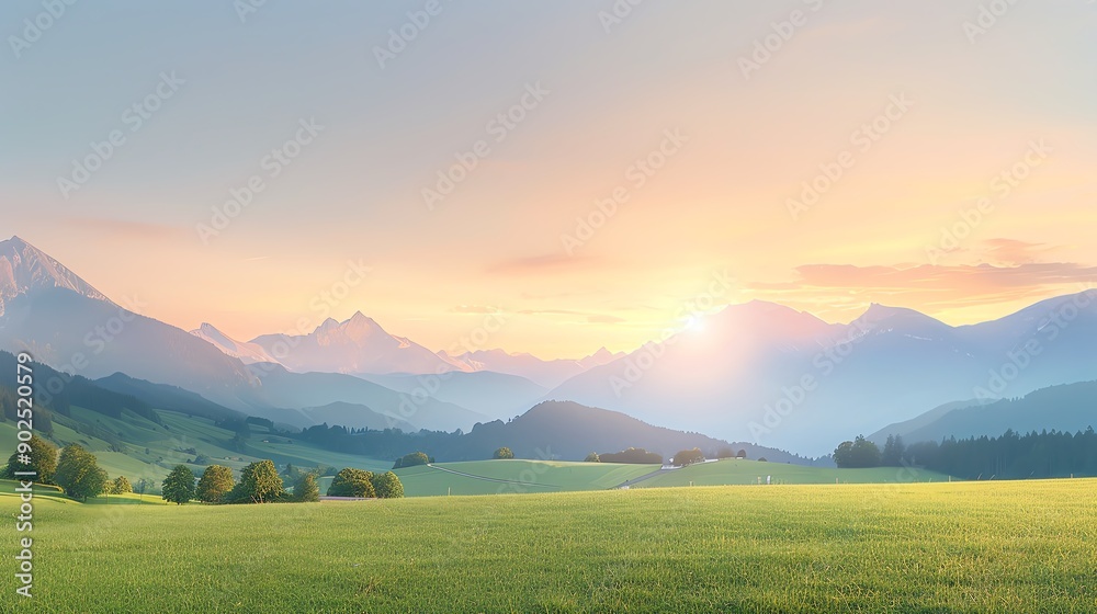 Naklejka premium A serene landscape showcasing rolling hills and majestic mountains under a warm sunrise glow, perfect for nature themes.