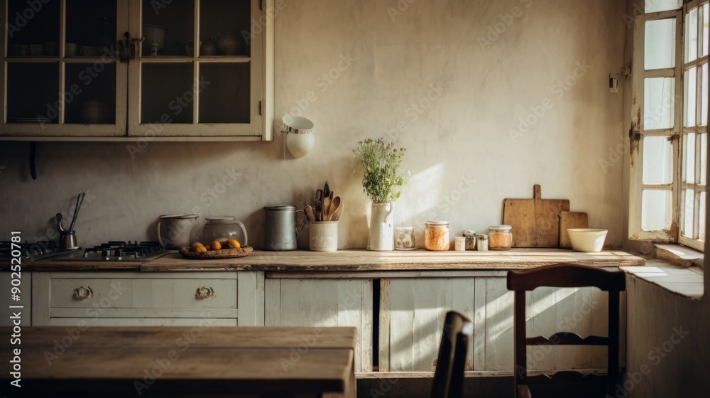 Fototapeta premium Rustic Kitchen With Wooden Countertop And White Cabinets