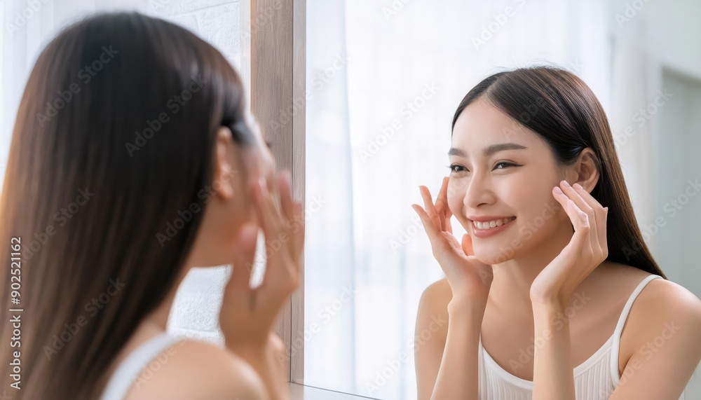 A woman smiling at her reflection in a mirror, applying skincare, showcasing beauty and self-care in a bright, modern setting. A woman smiling at her reflection in a mirror, applying skincare, showcasing beauty and self-care in a bright, modern setting.