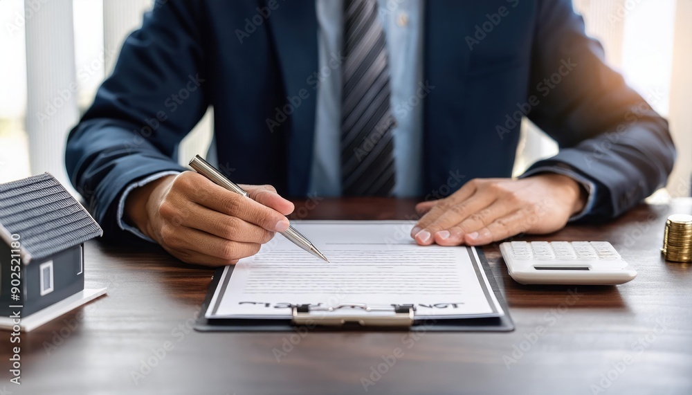 Professional man signing document at a desk with calculator and model house, symbolizing real estate transaction or contract. Professional man signing document at a desk with calculator and model house, symbolizing real estate transaction or contract.