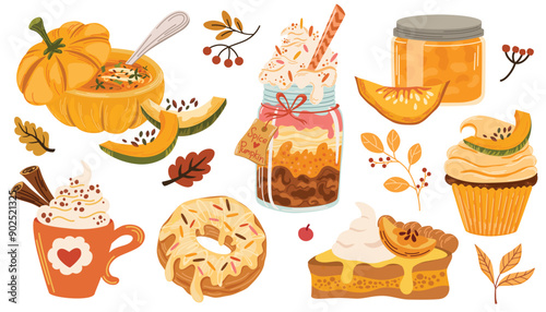 Collection of pumpkin spice seasonal flavored products, food and drinks isolated on white background. Bundle of autumn delicious sweet desserts or pastry. Modern colorful vector illustration.