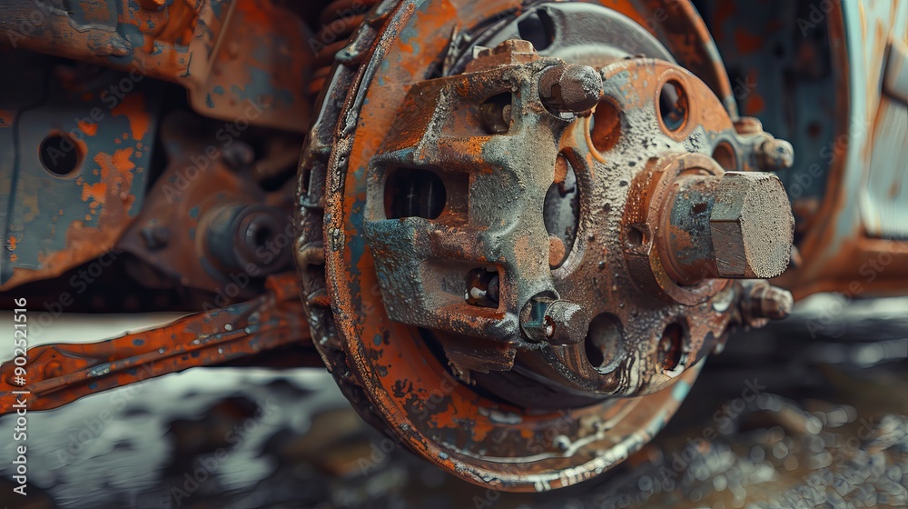 parts of the suspension on an old, rusty car. The car's disc brakes and ...