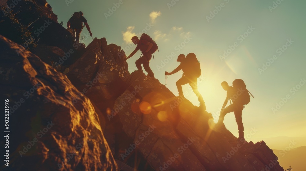 Fototapeta premium Teamwork, helping the team climb the mountain, helping each other to achieve joint success.