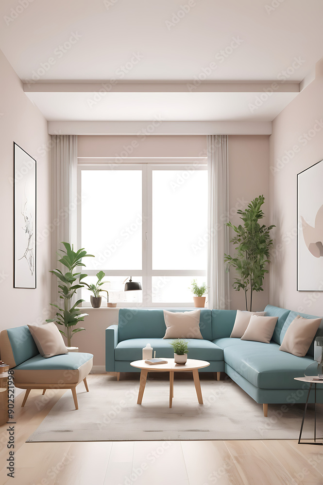 Fototapeta premium White couch in a cream modern living room. Cozy home interior sofa and cushions 