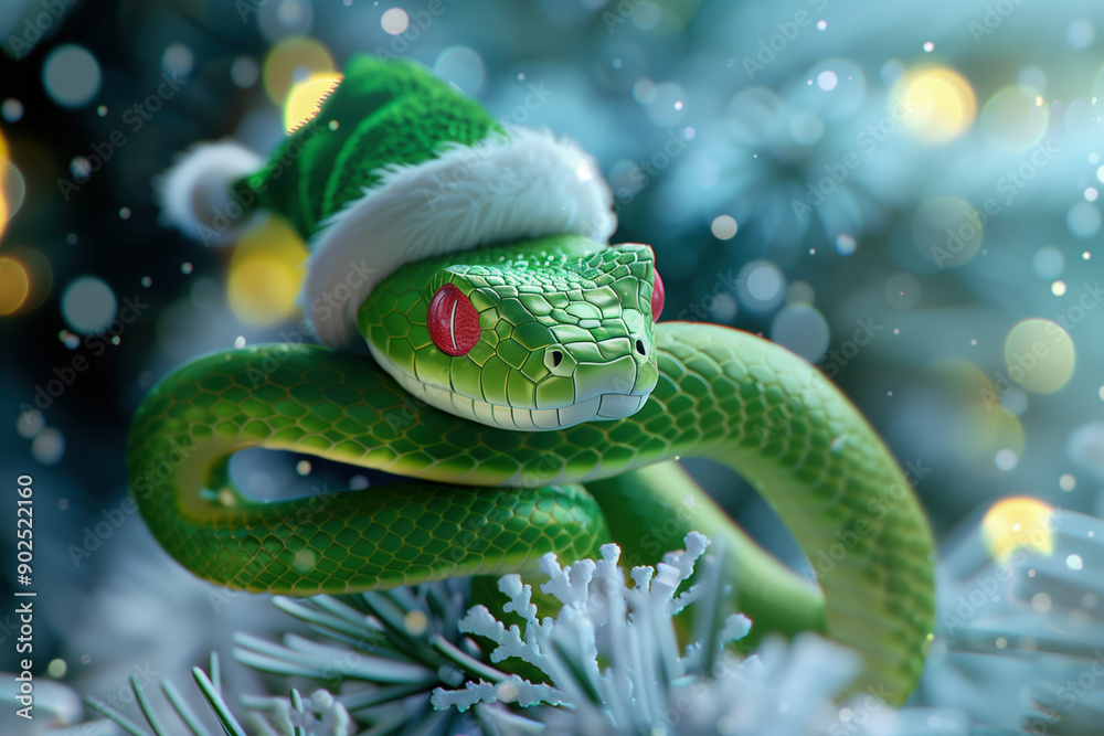 Cute green snake symbol of the new year 2025. Bright New Year background with lights Cute green snake symbol of the new year 2025. Bright New Year background with lights