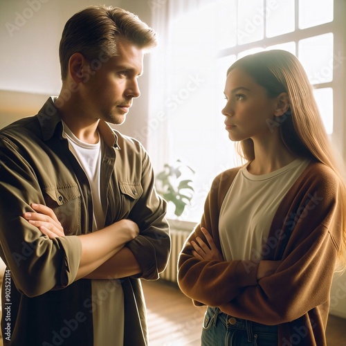 Serious conversation between a father and his daughter. Intense dialogue. Deeply engaged, suggesting a family conflict or important discussion. Aimed at resolving issues and clarifying. Generative AI photo