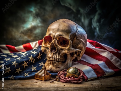 A worn American flag draped over a skeletal skull, adorned with military medals, against a dark background, symbolizing the devastating cost of a nation's aggressive pursuits.
