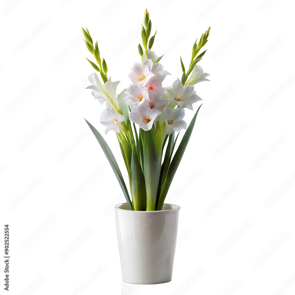 3d rendering style, Gladiolus flowers in a minimalist style white pot is tall isolated solid stark transparent background 3d rendering style, Gladiolus flowers in a minimalist style white pot is tall isolated solid stark transparent background