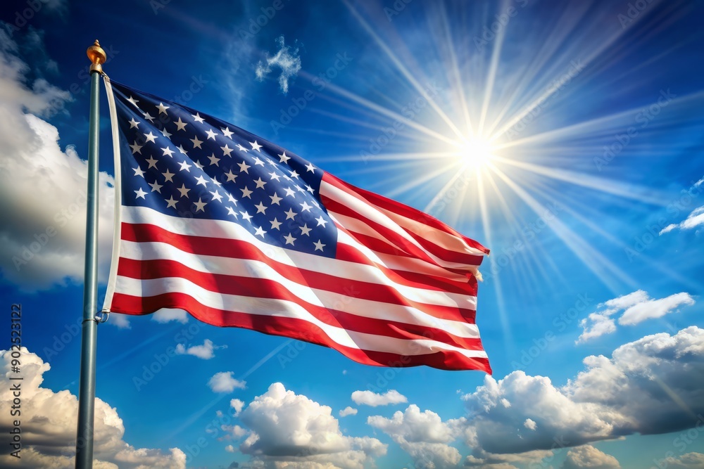 Patriotic American flag waving proudly against a bright blue sky with ...