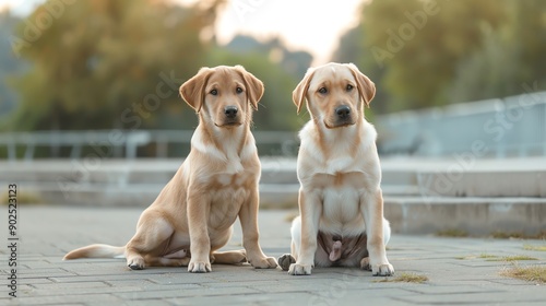 Two adorable labrador puppies sitting side by side, capturing the essence of companionship in a beautiful outdoor setting.