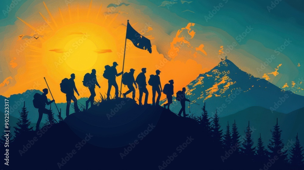 Fototapeta premium Teamwork, helping the team climb the mountain, helping each other to achieve joint success.