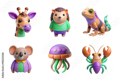 animal set collection icon soft purple and orange color in plastic 3d style