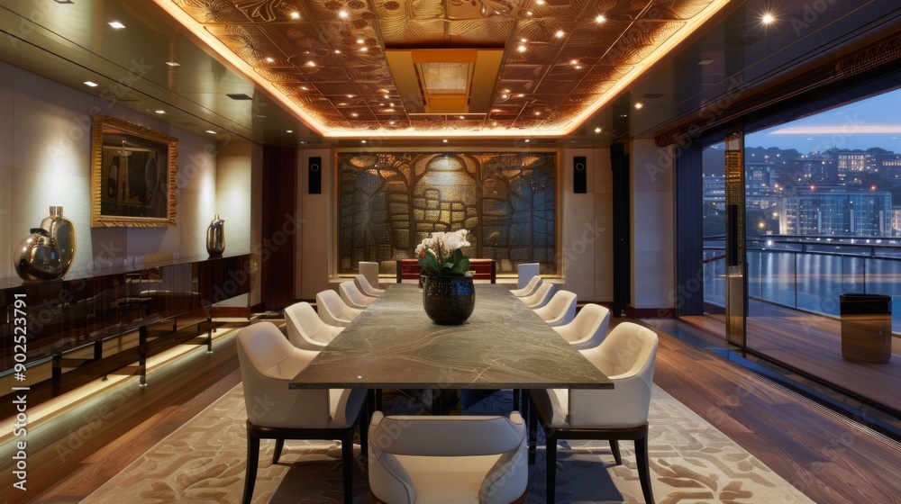 A Luxurious Dining Room With City Views at Night A Luxurious Dining Room With City Views at Night