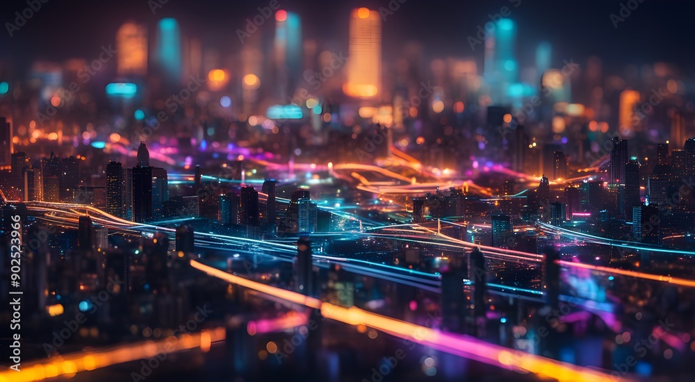Obraz premium A cityscape with neon lights and a highway in the background