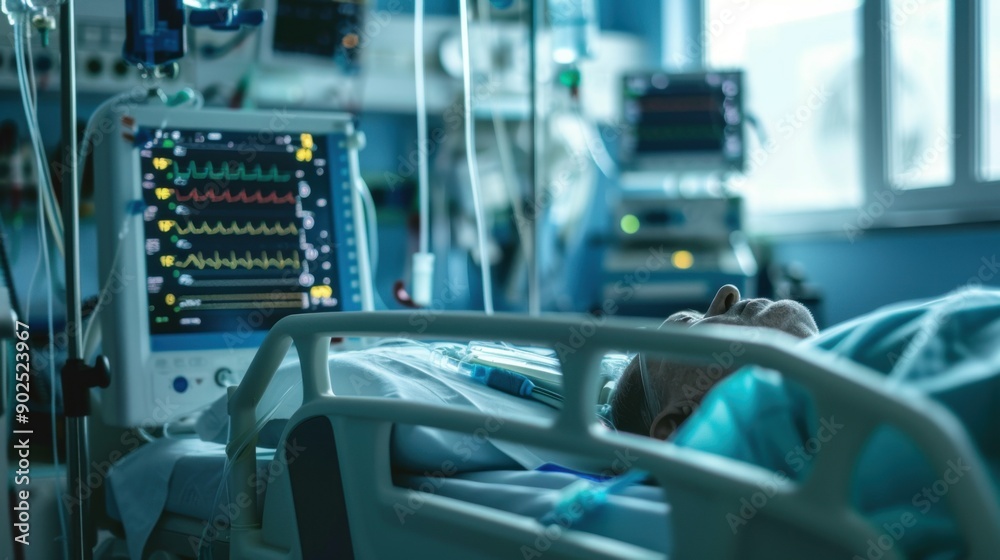 a bedridden patient in the intensive care unit is connected to a life support machine. a bedridden patient in the intensive care unit is connected to a life support machine.