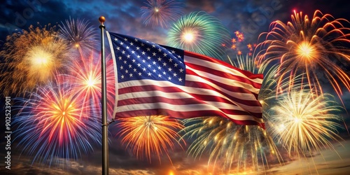 Vibrant American flag waves against a starry night sky, surrounded by bursting colorful fireworks, ideal for patriotic Independence Day and Fourth of July celebrations.