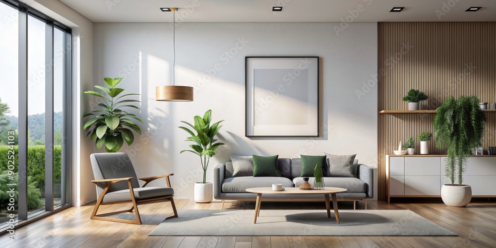 Fototapeta premium Modern Living Room Interior Design with Grey Sofa and Wooden Accents, 3D Rendering, Home Decor, Living Room Design, Interior Design