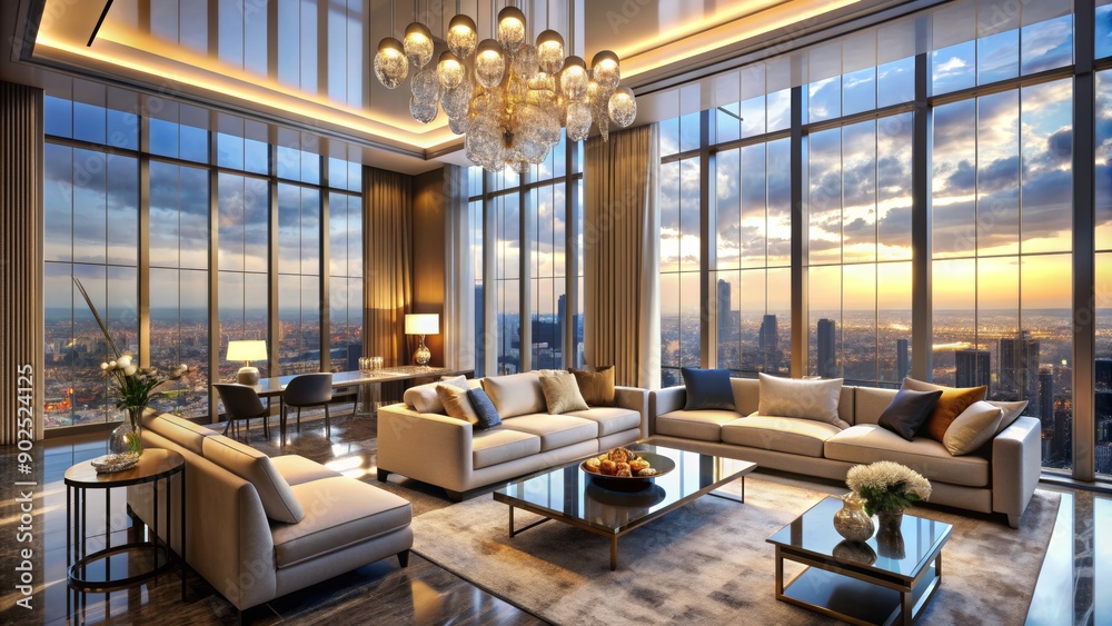 Modern Living Room with City View and Chandelier, city, modern, livingroom, penthouse