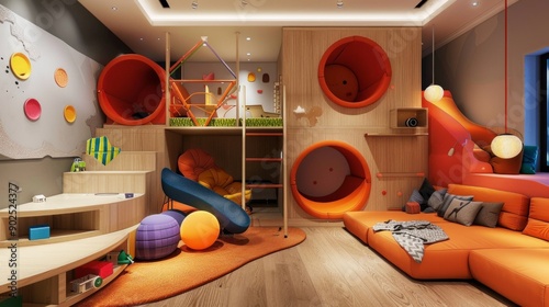 Modern Playroom Interior Design With Colorful Play Structures and a Cozy Seating Area