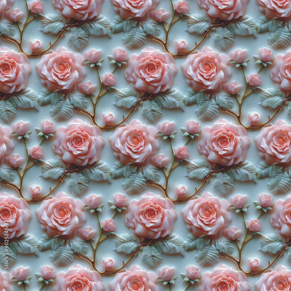 Glazed ceramic tiles with pink roses seamless patterns. Abstract flowers relief decorative background. Digital painting raster bitmap illustration. Floral ornament.  Graphic design art. AI artwork.