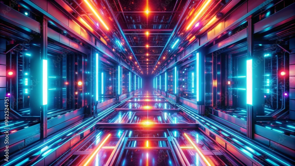 Neon Lights Futuristic Corridor, 3D, Cyberpunk, Sci-Fi, Virtual Reality Neon Lights Futuristic Corridor, 3D, Cyberpunk, Sci-Fi, Virtual Reality