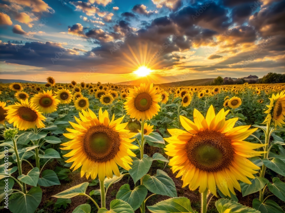 Fototapeta premium Vibrant yellow sunflowers stretch towards the sky in a vast, rolling field, basking in warm, golden light as the sun dips below the horizon.