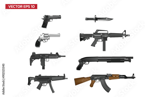 Set of firearms realistic vector illustration on white