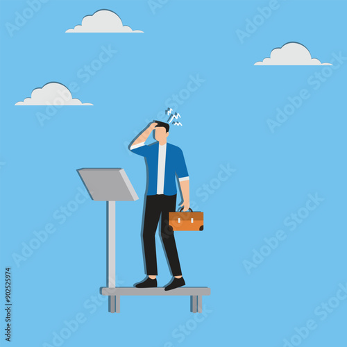 Obesity, overweight or unhealthy lifestyle cause gaining weight, belly disease, diabetes or nutrition problem concept, fatty man weighing on weight scale