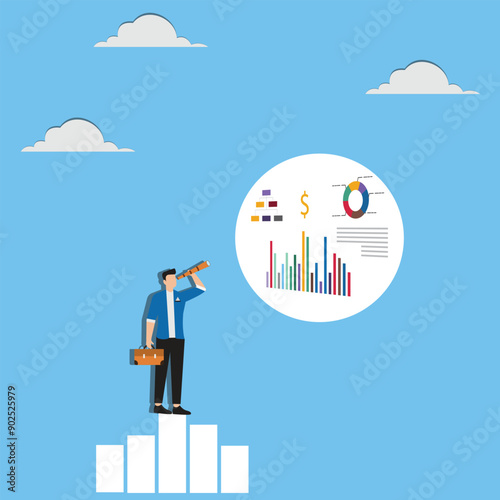 Forecast or prediction to see or analyze future opportunity, forwarding data analysis, leadership vision or discover investment plan concept, businessman look through telescope to see forecast chart