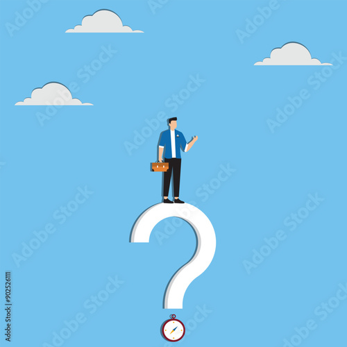 Open ended question, asking questions to encourage new idea, guidance for solution or solving problem, decision to reply or answer concept, businessman with question mark compass guidance for answer