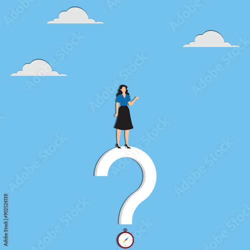 Open ended question, asking questions to encourage new idea, guidance for solution or solving problem, decision to reply or answer concept, businesswoman with question mark compass guidance for answer photo