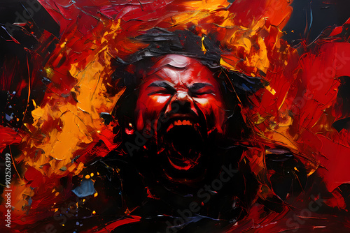 Stylized face emerges from chaotic colors expressing deep anger on canvas