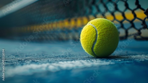 Tennis Ball on Blue Court with Net in Background