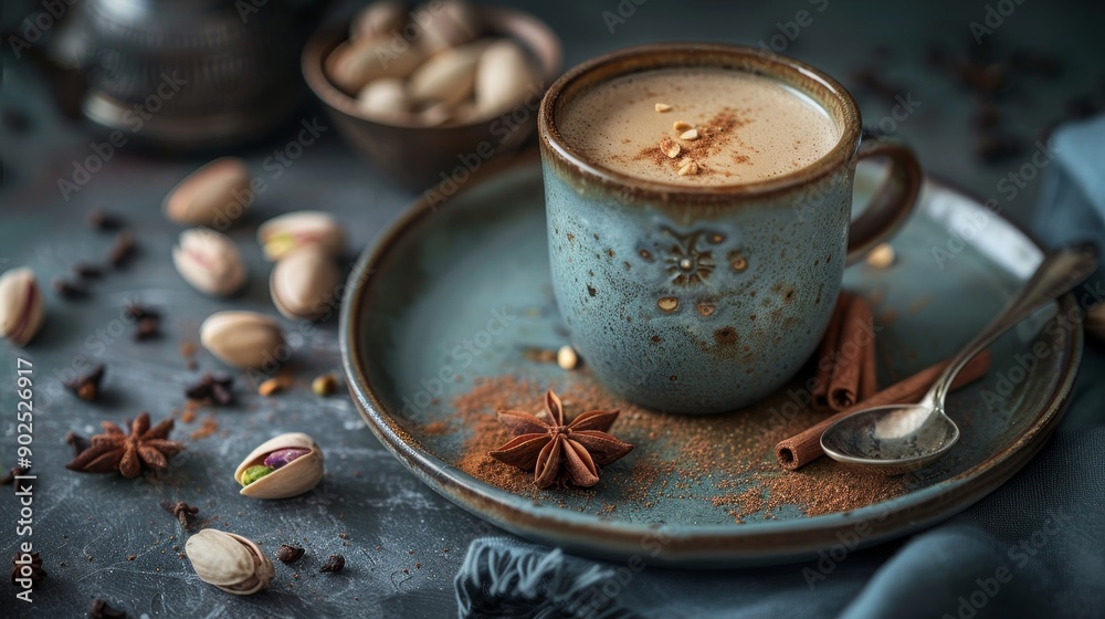 Warm Spiced Latte with Pistachios and Cinnamon on Rustic Background Warm Spiced Latte with Pistachios and Cinnamon on Rustic Background