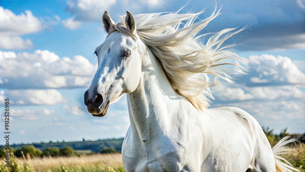 A stunning white horse gallops joyfully across lush green fields, its mane flowing in the wind against a backdrop of fluffy clouds A stunning white horse gallops joyfully across lush green fields, its mane flowing in the wind against a backdrop of fluffy clouds