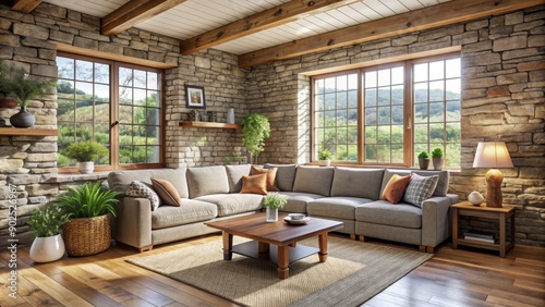 Stone Wall Living Room with Sectional Sofa, Coffee Table, and Large Windows, interior design, home decor, living room ideas , stone wall