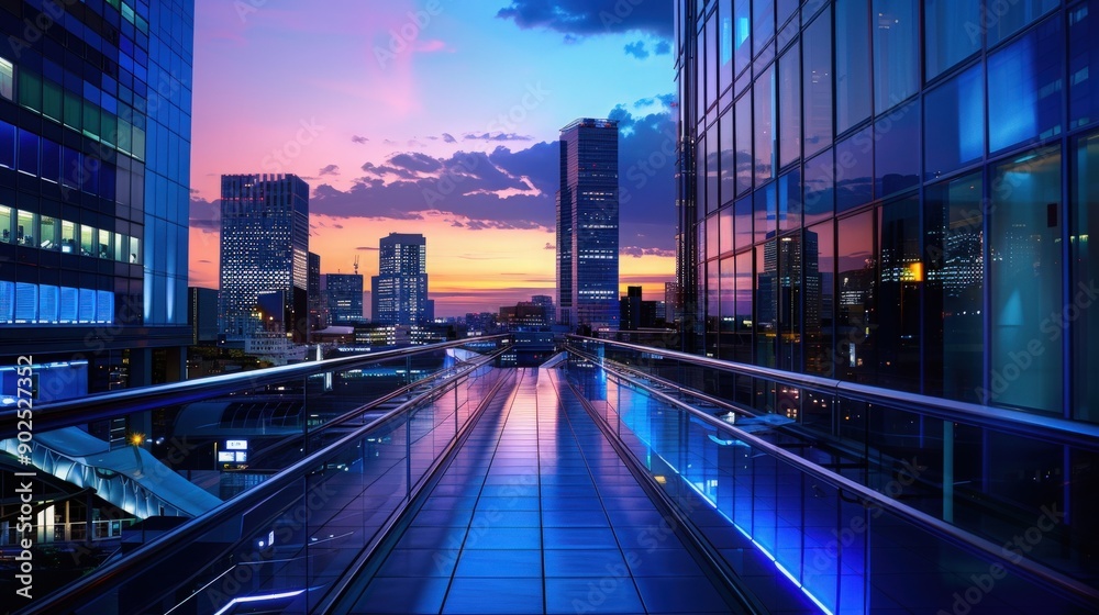 Fototapeta premium A stunning urban landscape at dusk, featuring modern buildings illuminated by vibrant city lights under a colorful sky.