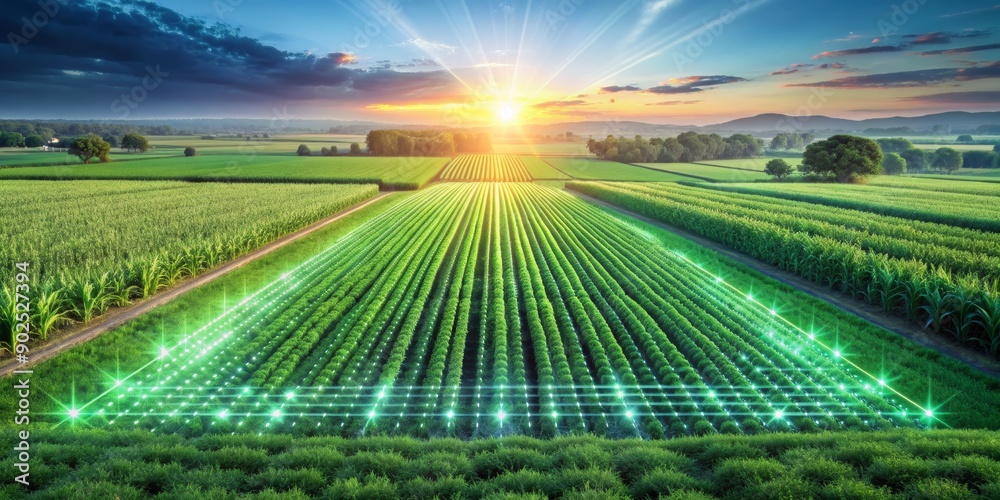 Sunrise Over a Gridded Field, Aerial View, Green Crops, Digital Overlay, Sunset, Agriculture, Technology