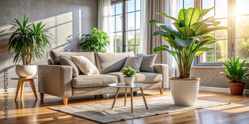 Sunlit Living Room with Grey Sofa and Lush Plants, Interior Design , Home Decor , Minimalist , Living Room