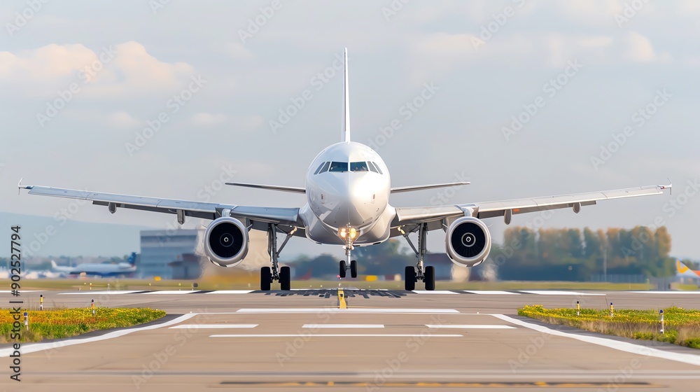 A commercial airplane prepares for takeoff on a clear day, showcasing its sleek design and power on the runway. A commercial airplane prepares for takeoff on a clear day, showcasing its sleek design and power on the runway.