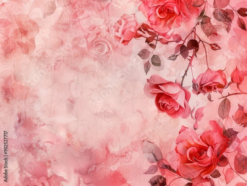 Watercolor Floral Background with Red Roses and Leaves
