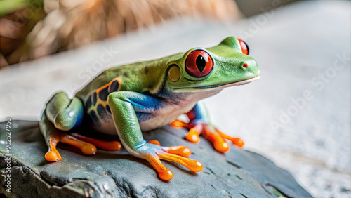 A colorful red-eyed tree frog rests on a rock, showcasing its bright green body and striking orange feet in a lush, tropical environment photo