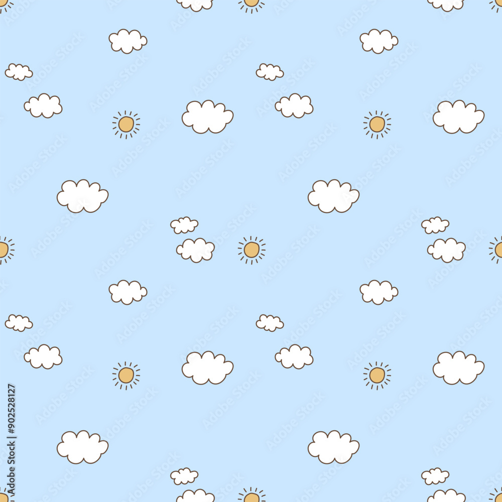 Cloudy sky seamless pattern. Doodle clouds and sun on a blue background. Vector simple hand-drawn background. Print for textiles and baby clothes, wrapping paper and wallpaper. Cloudy sky seamless pattern. Doodle clouds and sun on a blue background. Vector simple hand-drawn background. Print for textiles and baby clothes, wrapping paper and wallpaper.