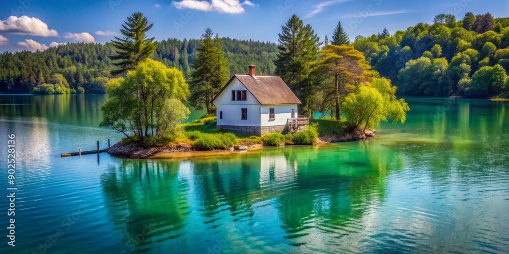 Serene small white house stands alone on a tiny island surrounded by calm turquoise waters of a peaceful lake on a sunny day. Serene small white house stands alone on a tiny island surrounded by calm turquoise waters of a peaceful lake on a sunny day.