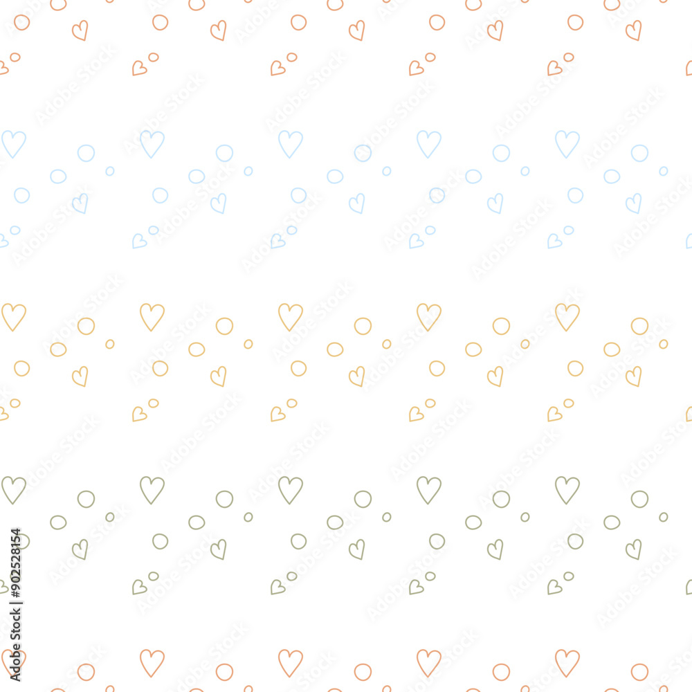 Hearts and circles seamless pattern. Hand-drawn doodle print. Simple naive style. Colored lines on a white background. Vector illustration for printing fabrics, packaging, kitchen textile. Hearts and circles seamless pattern. Hand-drawn doodle print. Simple naive style. Colored lines on a white background. Vector illustration for printing fabrics, packaging, kitchen textile.