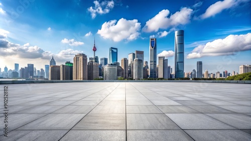 Urban Skyline with Empty Square, Composition Wide-angle, Image Details A cityscape with a large empty square in the foreground