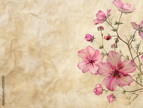 Pink Flowers on Wrinkled Parchment Paper Background photo